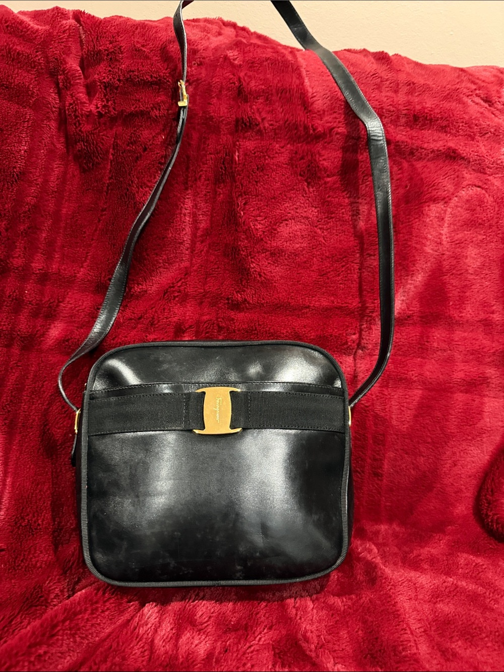 Salvatore Ferragamo Black Leather Messenger Bag with Gold Buckle